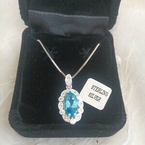 Blue Topaz Cubic Zirconia JC 925 Sterling Silver Necklace 18" Box Included ~ NIB